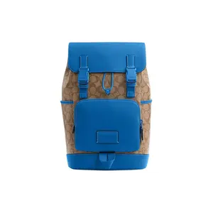 COACH Track 27 Textured Monogram Canvas Backpack – Large Unisex Tote with Drawstring Closure, Khaki and Bright Blue