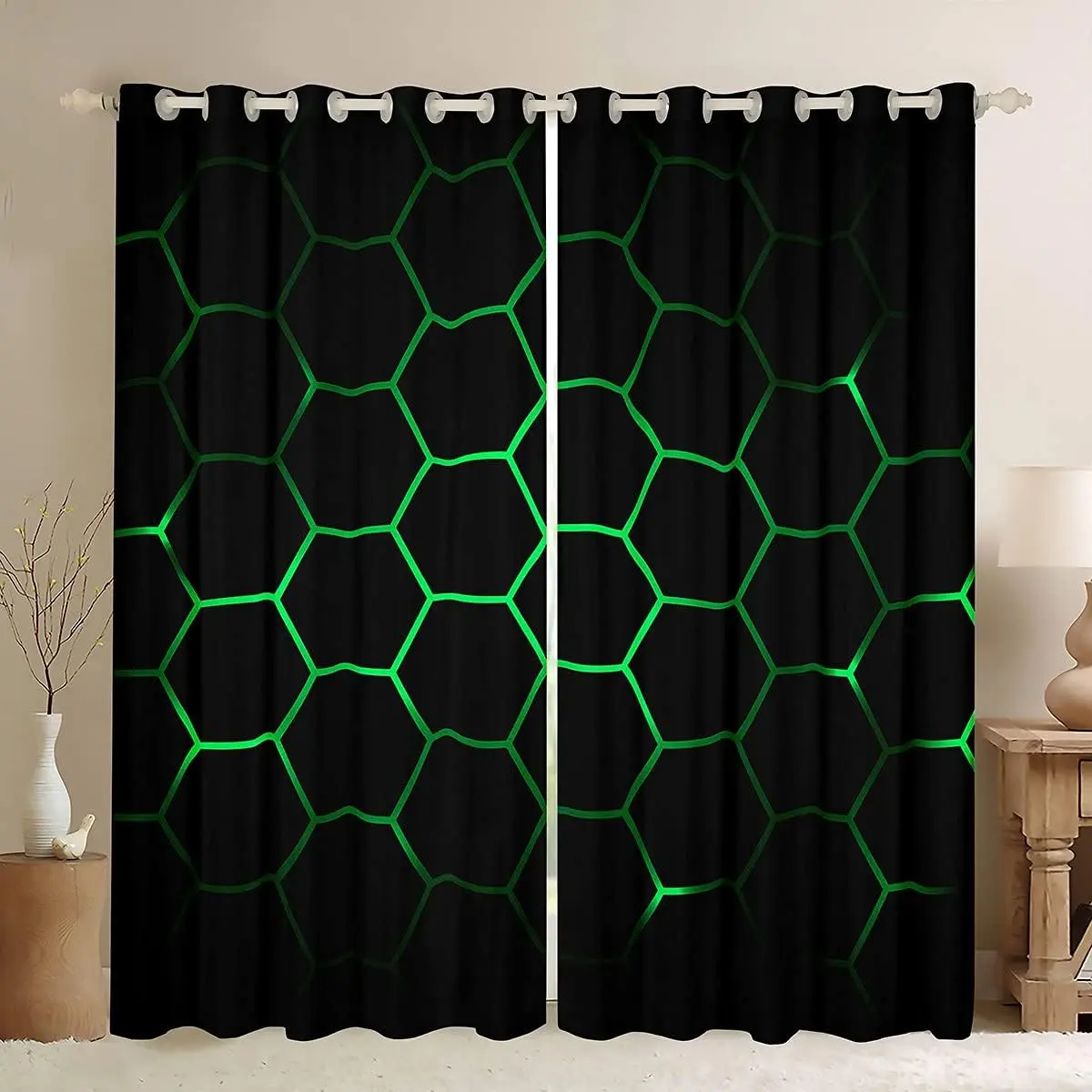 Hexagonal Window Curtains for Bedroom Living Room 3D Geometric Honeycomb Curtains Luxury Beehive Hexagon Window Drapes Neon Green Black Decor Window Treatments,2 Panels