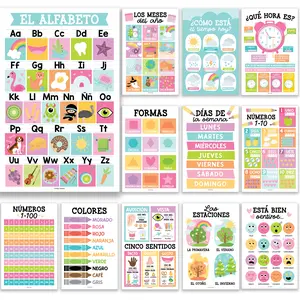 Colorful Pastel Spanish Posters | Set of 12 | Spanish Educational Supplies TikTok Shop Duplicate Alphabet Learning Chart Visual Learning Tools Homeschool Teaching