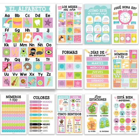 Hadley Designs 11x17 Inches Laminated Colorful Pastel Spanish Alphabet Posters (Set of 12) - Teacher Decor, Classroom Supplies, Cultural Diversity Educational Curriculum Resources, Homeschool Visual Tools