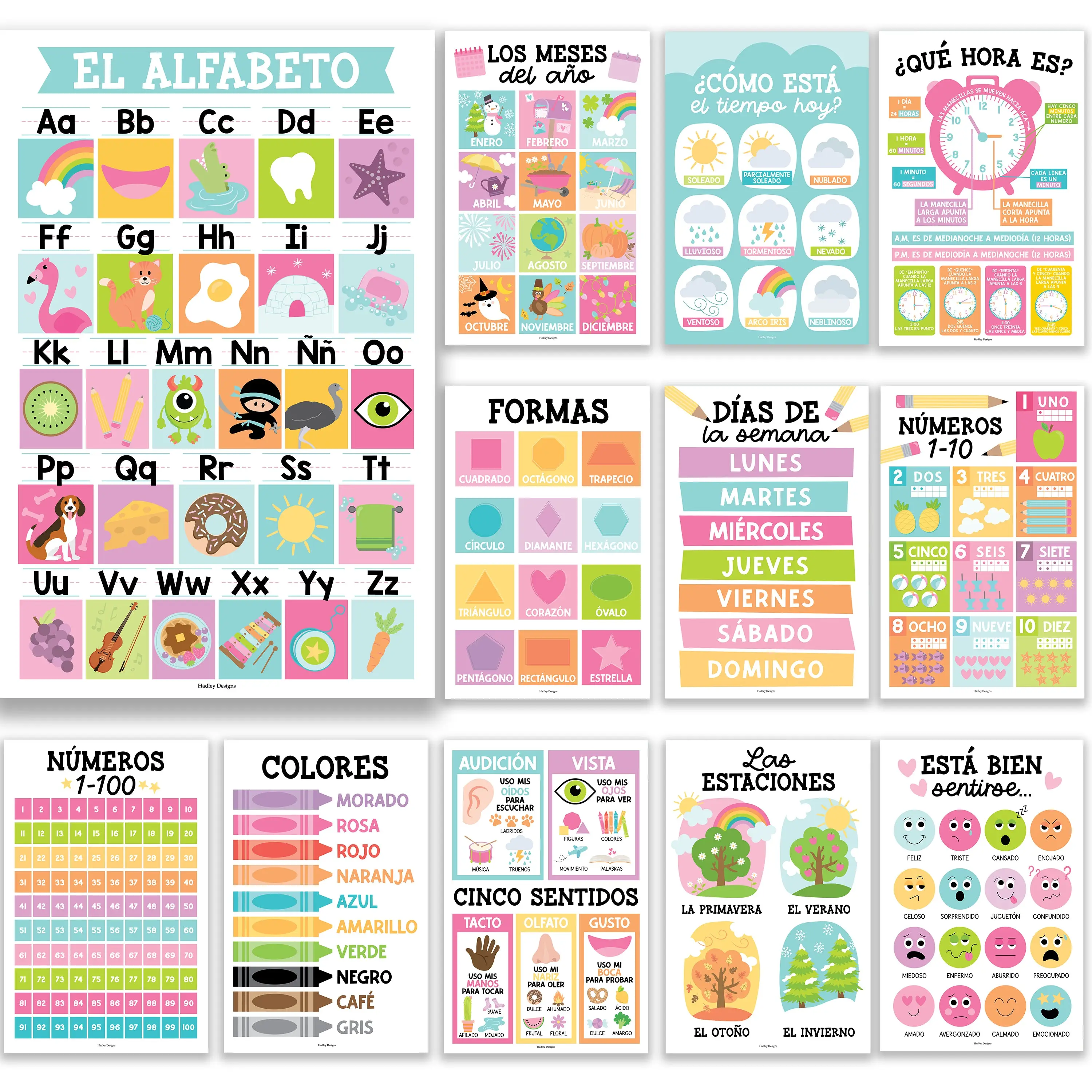 Colorful Pastel Spanish Posters | Set of 12 | Spanish Educational Supplies TikTok Shop Duplicate Alphabet Learning Chart Visual Learning Tools