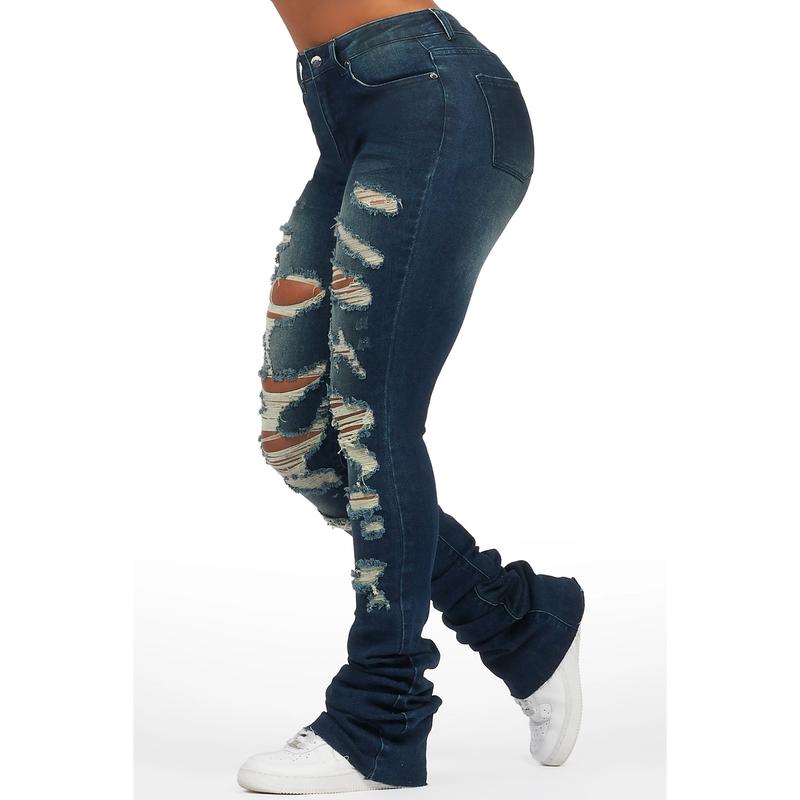 Teyja Dark Wash Distressed Super Stacked Jean