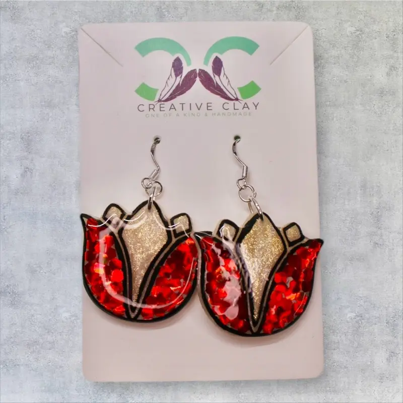 Red Glitter Tulip Earrings | Handmade Polymer Clay | Sterling Silver .925 Hooks | Lightweight & Hypoallergenic | Southwest-Inspired Dangle Earrings