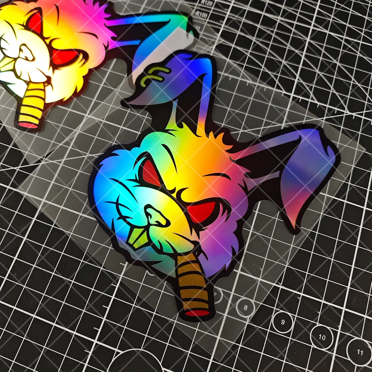 Evil Rabbit Sticker Waterproof Vinyl Material, Glowing Eyes Rainbow Gradient Design, Laser Cut Theme for Motorcycles Cars Laptops, Car Stickers, Car Decals
