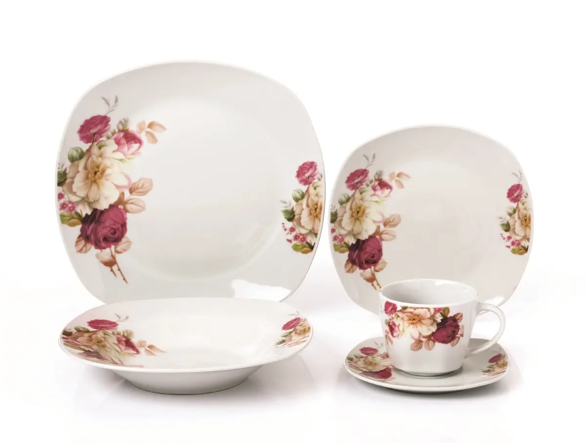212 MAIN Stylish Square Porcelain Dinnerware Set - LH427 20-Piece Kit, Service for 4, 6oz Coffee Cups, Bowls, Plates, Floral Print, Dishwasher-Safe Tableware Kitchenware