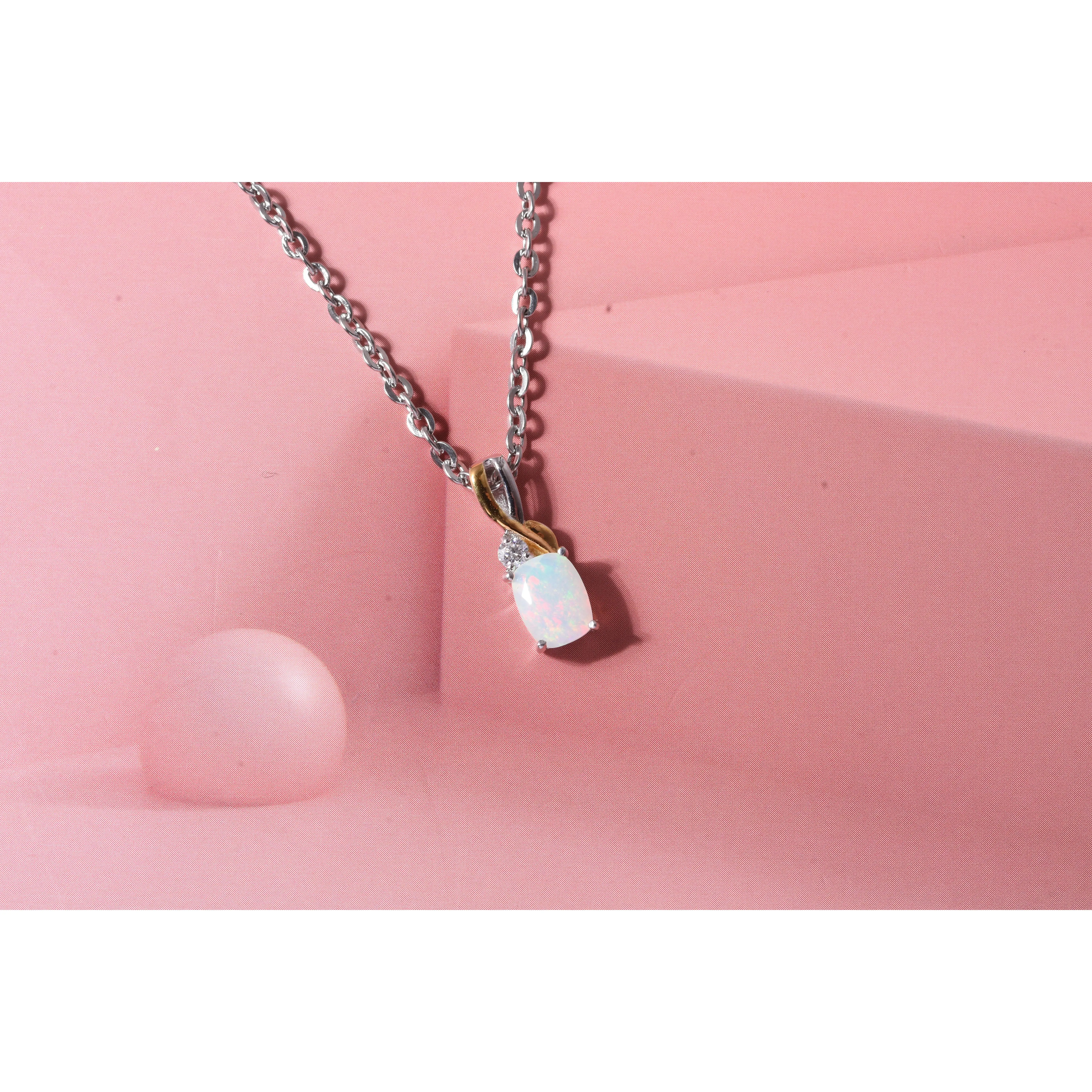 D'Joy Premium Ethiopian Welo Opal, Moissanite Pendant Necklace (18 Inches) in 14K YG Over Sterling Silver 0.90 ctw