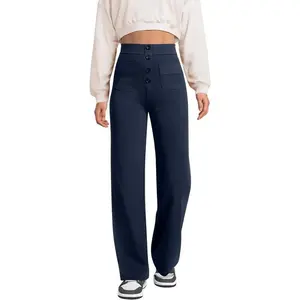 Women's straight leg pants with high waist button elastic business casual pants and multiple pocketsRAIMENTRY