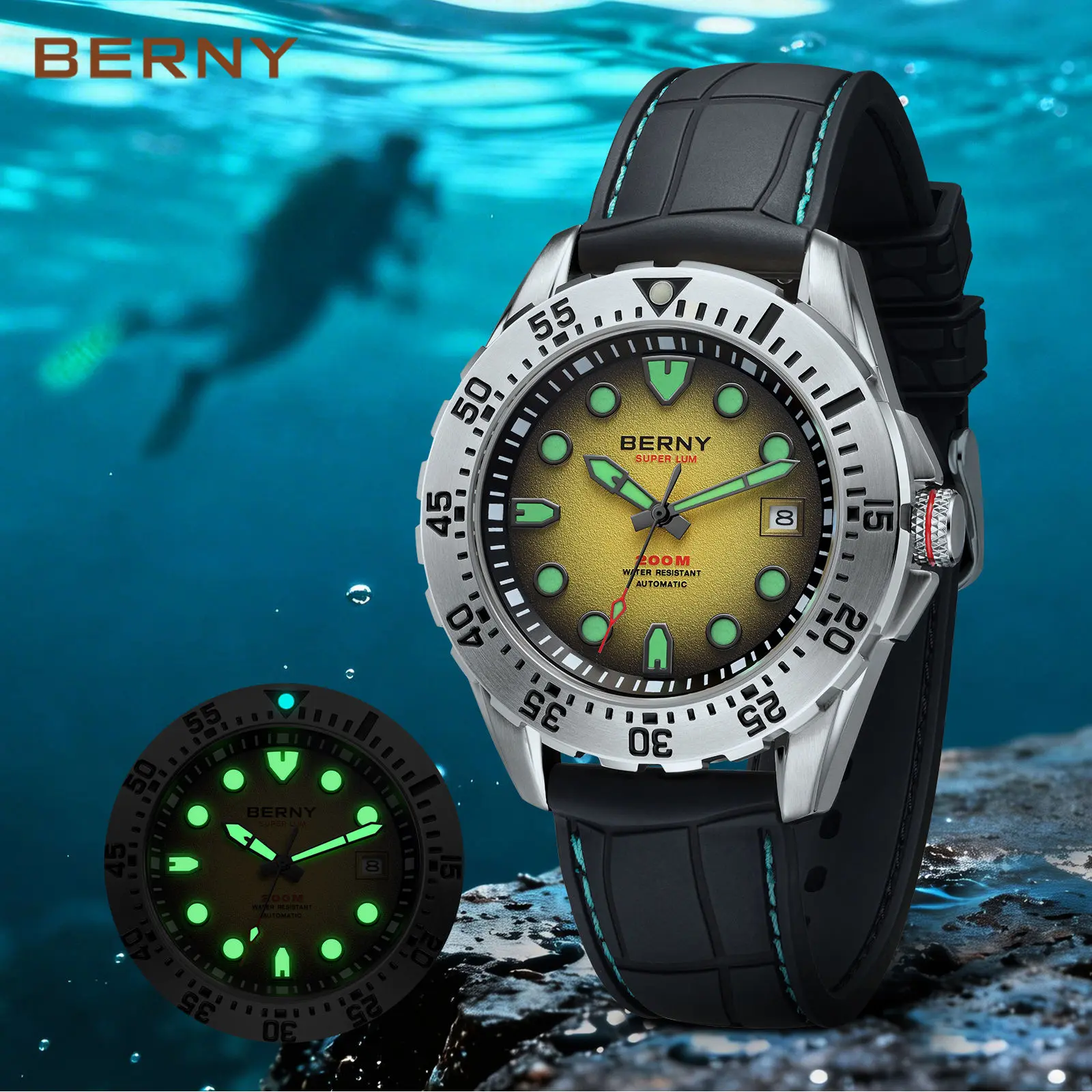 BERNY Automatic Dive Watch for Men, 200M Waterproof Japanese Mechanical Watch with Frosted Dial, Sapphire AR Crystal, Super Luminous Hands and Markers, Date Window, Stainless Steel Case, Fluoroelastomer Strap, Father's Day Gift, Summer Wins