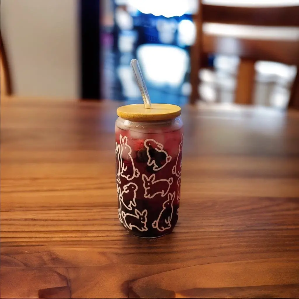 Cute Bunny 16oz Glass Tumbler with Bamboo Lid and Glass Straw