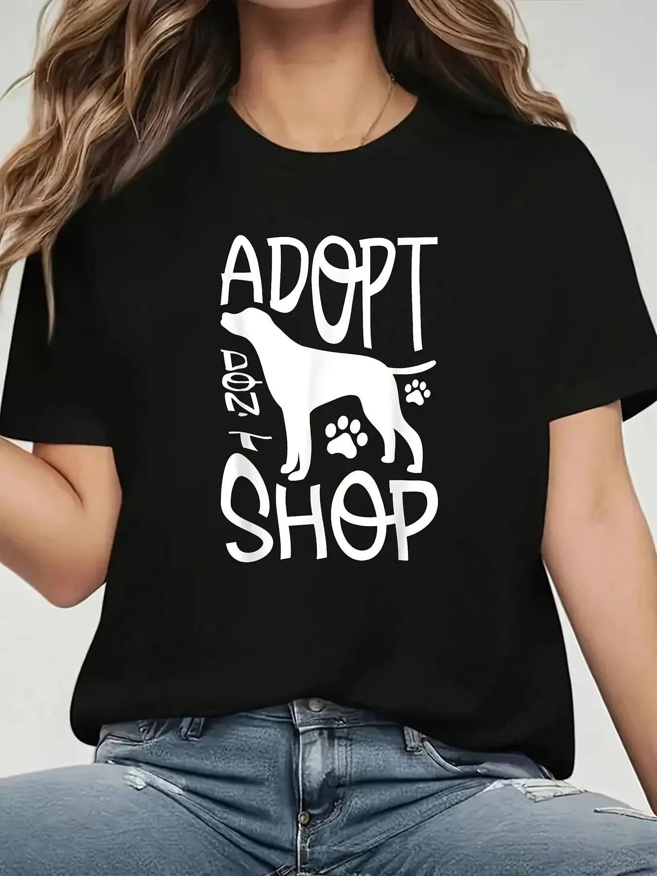 Plus Size - Adopt Don'T Shop for an Animal Lover Funny Animal Rescue Print T-Shirt Casual Crew Neck Short Sleeve Comfort Tee Top for Spring & Summer Women'S Clothing