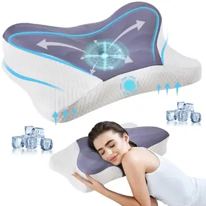 2 Pack Ergonomic Memory Foam Pillows, Cooling Cervical Pillow for Side Back and Stomach Sleepers, Gel Infused Bed Pillow with Removable Washable Ice Silk Cover for Neck Pain Relief