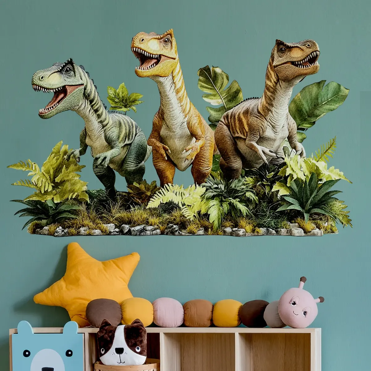 A set of two (30*60cm*2pcs) creative 2D simulated dinosaur primitive forest wall stickers for living room and bedroom decoration background wall decals (M17514-KR)