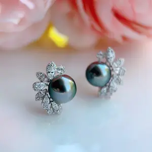 Piswency Genuine Black Tahitian Pearl Earrings, Peacock Green Luster Saltwater Pearl Studs, S925 Sterling Silver Flower Jewelry Gift