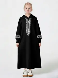 Women's Ethnic Style Hooded Robe, Long Sleeve Embroidered Vintage Sleeves, Casual Loose Fit Maxi Dress for All Seasons