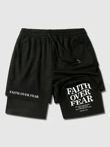 Men's "Faith Over Fear" Christian 2-in-1 Gym Shorts - Bible Verse Print Black Athletic Shorts, Religious Faith Streetwear with Scripture Quote, Breathable Quick-Dry Drawstring Shorts, Perfect for Church, Fitness & Casual Wear, Durable Fade Resistant Print