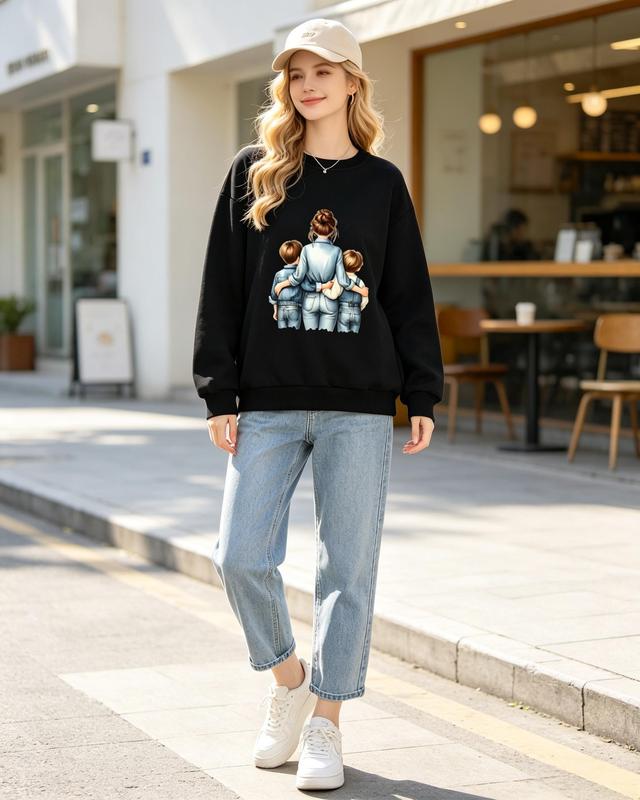 Women's Mom & Sons Heartfelt Graphic Crewneck Sweatshirt - Tops for Women, Classic Crew Neck, Fitted Cut, Medium Length Long Sleeve, Fall Casual Pullover for Matching Bottoms