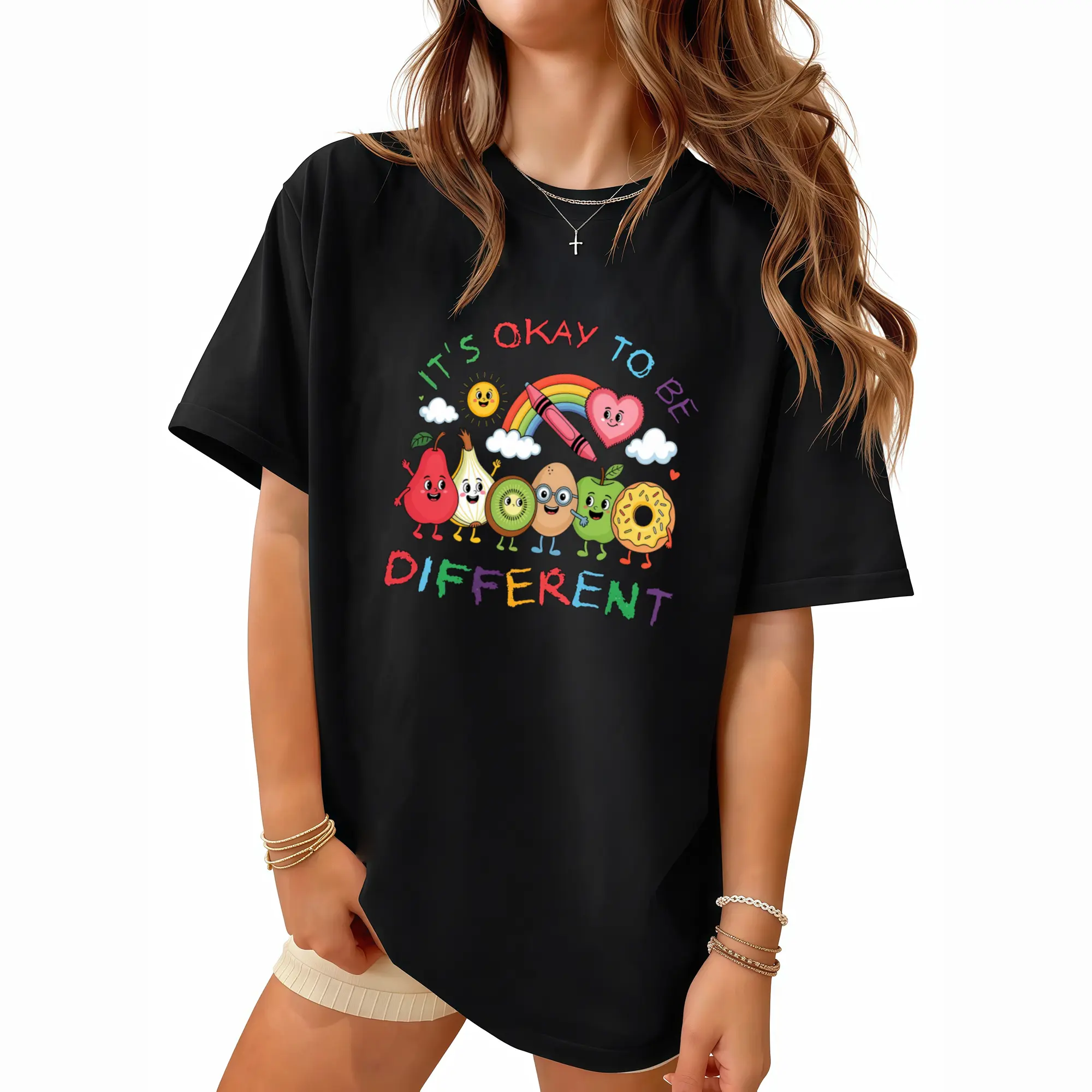 Women's Retro Cotton Fabric "IT's OKAY to BE DIFFERENT" T-Shirt - Silky Soft Stretch Crew Neck Short Sleeve Top with Quirky Food Print, Stitch-Detailed Lightweight Fit for Daily Wear, Casual Blouse (Machine Washable), Lady