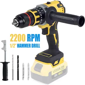 Cordless Hammer Drill for Dewalt 20V MAX Battery (NO BATTERY),  1/2" Compact Brushless Impact Driver with Variable Speed, Handlebar for Home Improvement, Woodworking (Tool Only)
