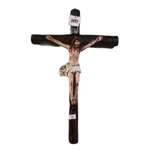 Sacred Crucifix Wall Cross with Jesus 15inch INRI Catholic Home Protection Decor Hand Painted Realistic Wounds Dark Wood Style Spiritual Protection