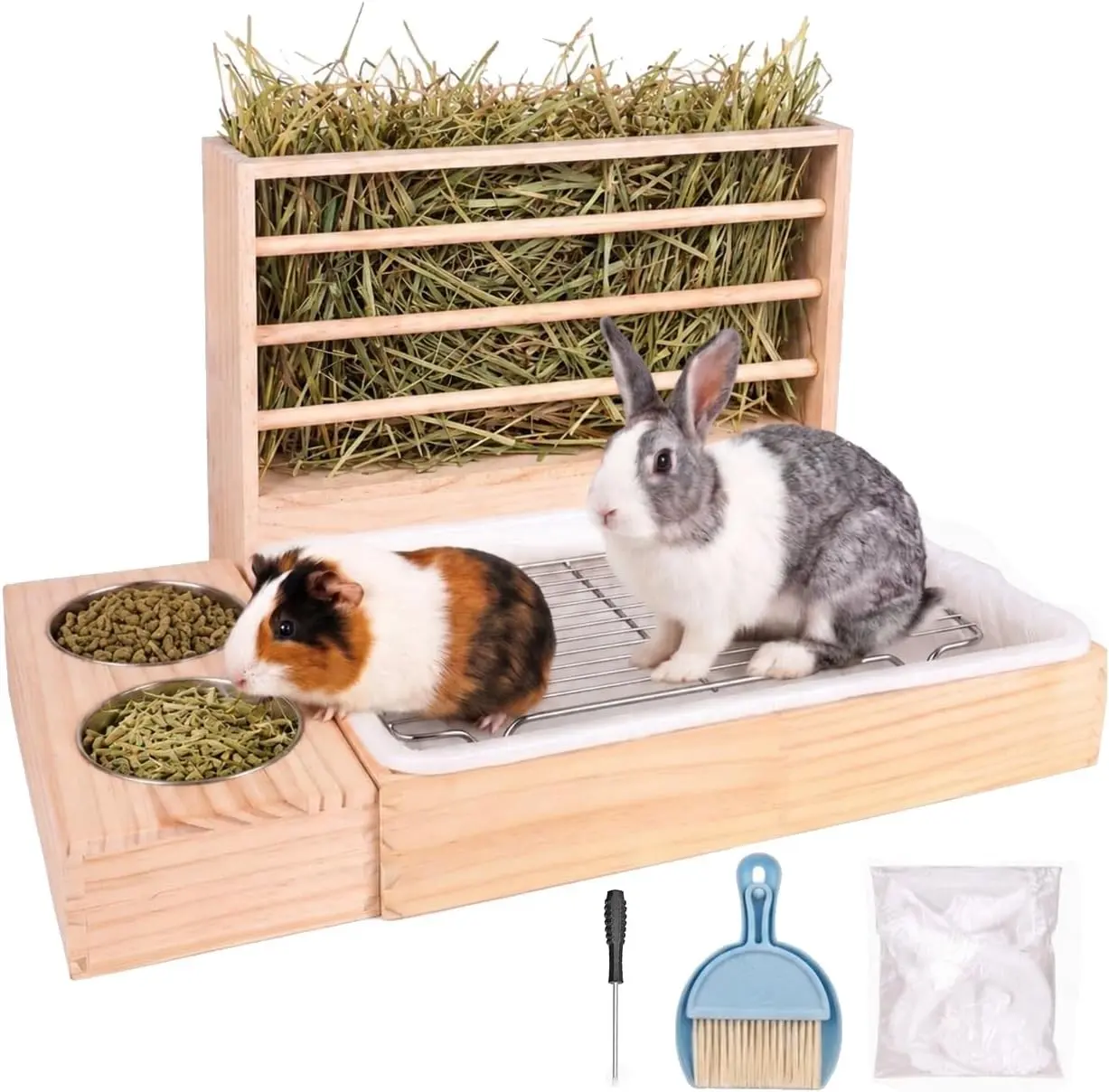 Rabbit Hay Feeder with Litter Box, 3-in-1 Wooden Small Animal Toilet | Large Capacity Design, Removable Cleaning Tray, Food Bowls Included, For Rabbits Guinea Pigs and Chinchillas