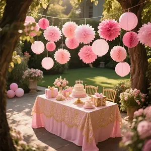 14-piece pink paper flower balls and paper lanterns hanging decoration set, Party Decor Supplies, suitable for wedding, birthday, Christmas, Halloween, Thanksgiving, graduation ceremonies - no electricity required