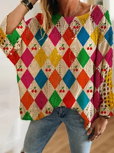 Women's Colorblock Geometric Diamond Pattern Fruit Cherry Print Long Sleeve Knit Hollow Out Top, Casual Elegant Vacation Style Sweater