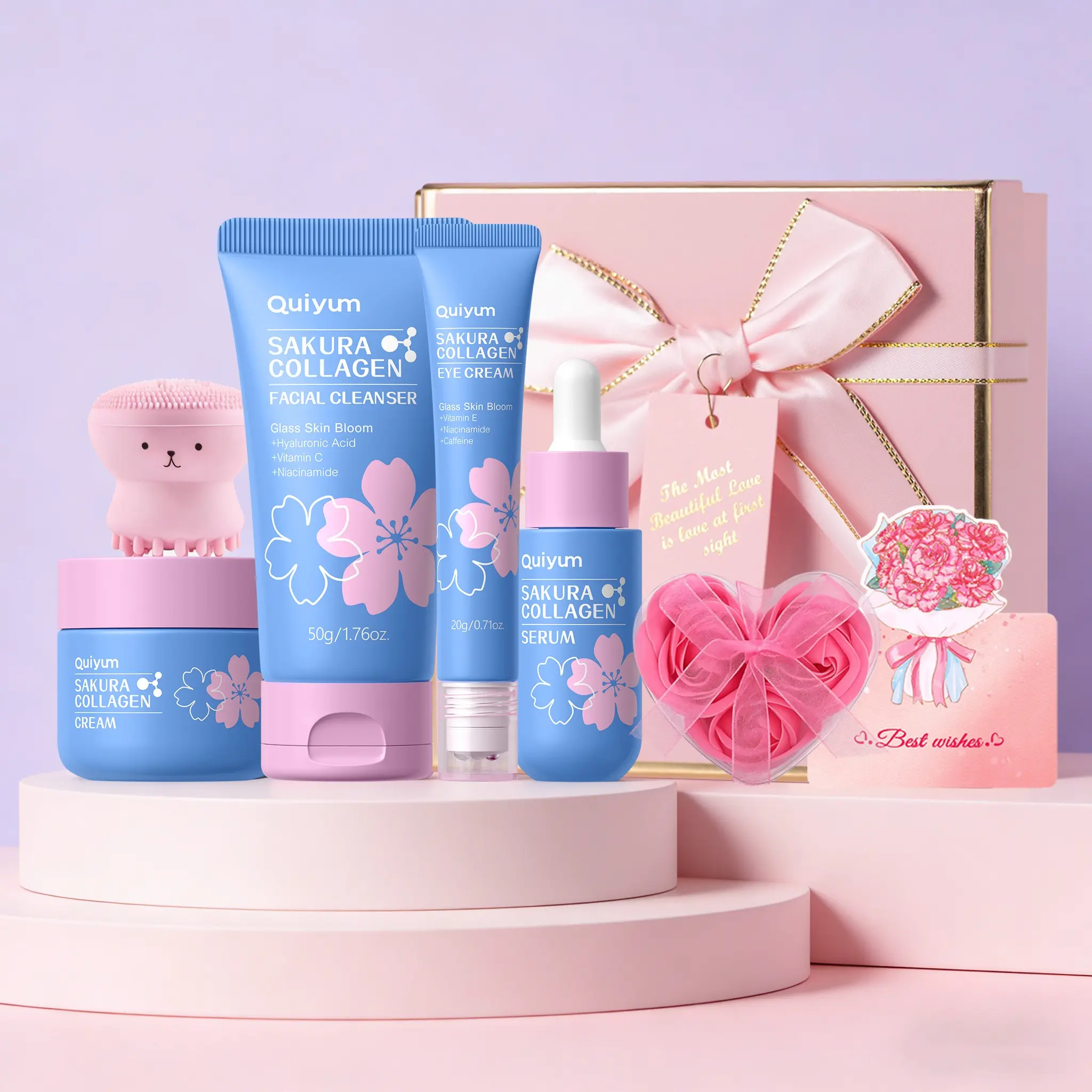 Quiyum Sakura Collagen Skincare Set, Face Cream Set, Collagen Niacinamide Moisturizer, Firming Brightening,Elasticity Tender Skin Sakura Extract,Deep Moisturizing Repairing, Hydrating Soothing,Best Gift