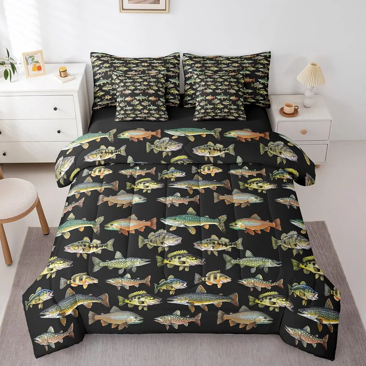 Feelyou 7-Piece Pike Fish Bedding Set - Vintage Fishing Comforter, Marine Life Bedsheet, Decorative Bedroom Bedding for Boys, Bedroom Bedding Set, Bedsheet Sets