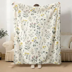Soft Flannel Blanket Floral Design in Pastel Colors Yellow Pink Green Blue White Comfortable Home Decor Accent for Sofas Beds Living Rooms Modern Farmhouse Bohemian Style warm nap blanket decorative throw comfy perfect