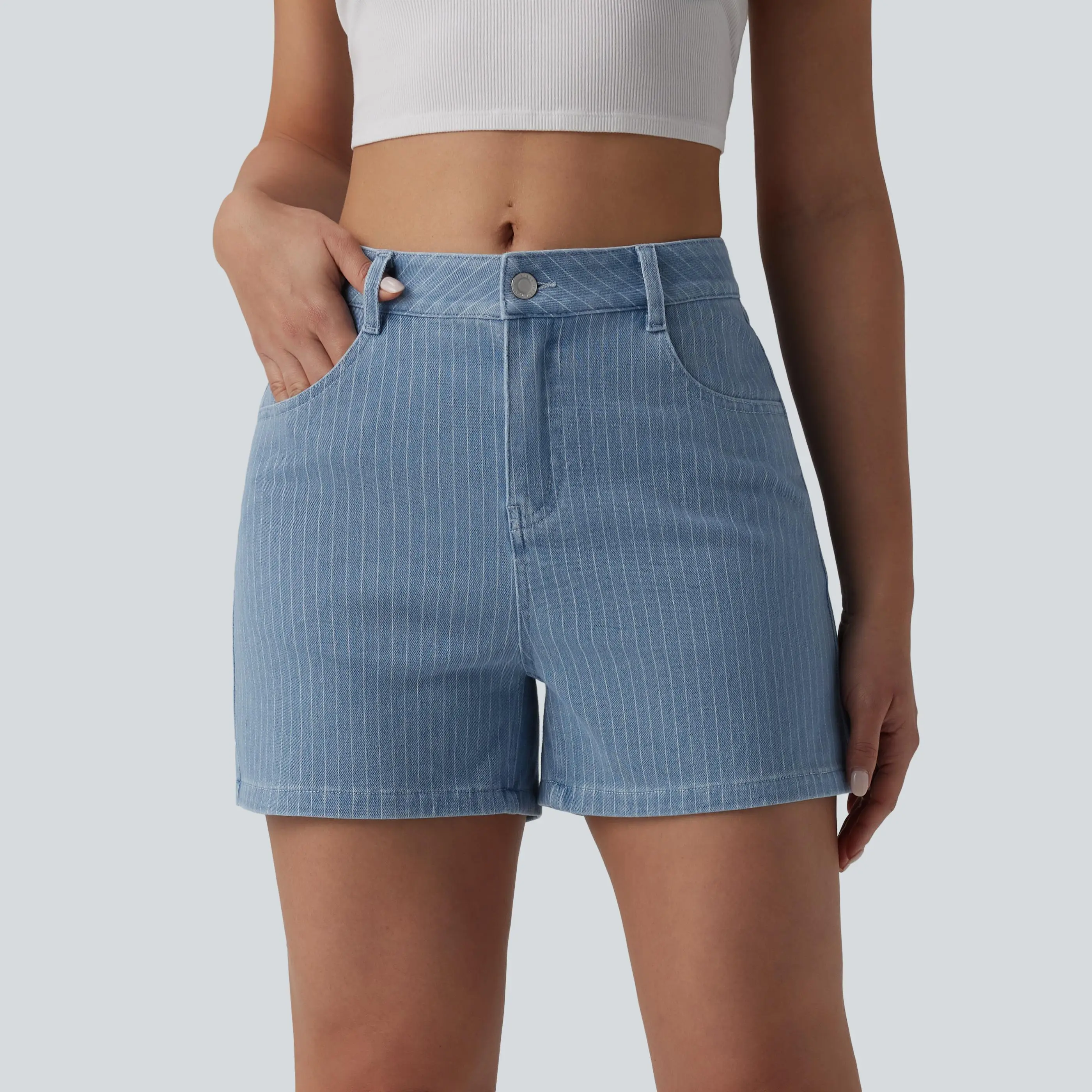Halara Flex Mid Rise Stripe Denim Casual Shorts 4'' with Pockets