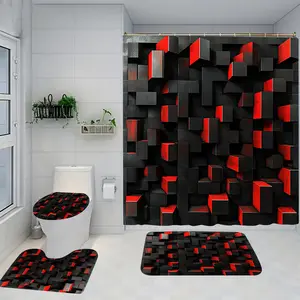 and Plaid Bathroom Set with Shower Curtain and Rug, Includes Hooks, Non-Slip Bath Mat, U-Shaped Toilet Lid Cover, Shower Curtain Sets