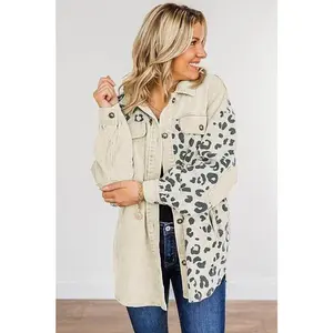 Cream Leopard Print Detail Pocketed Corduroy Jacket Shacket Shirt