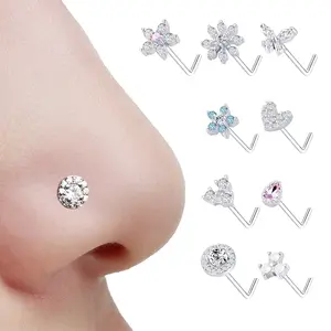 9Pcs Nose Rings Stud L Bone Screw Shaped Nose Ring Flower CZ Snowflake Butterfly Screw Nose Stud Body Piercing Jewelry for Women Men 20G Silver Gold Rose Gold Tone