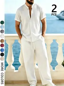 Men's Casual Plain Solid Color Textured Short Sleeve Shirt and Elastic Waist Loose Straight Pants Set, Comfortable Breathable Tropical Fabric for Summer