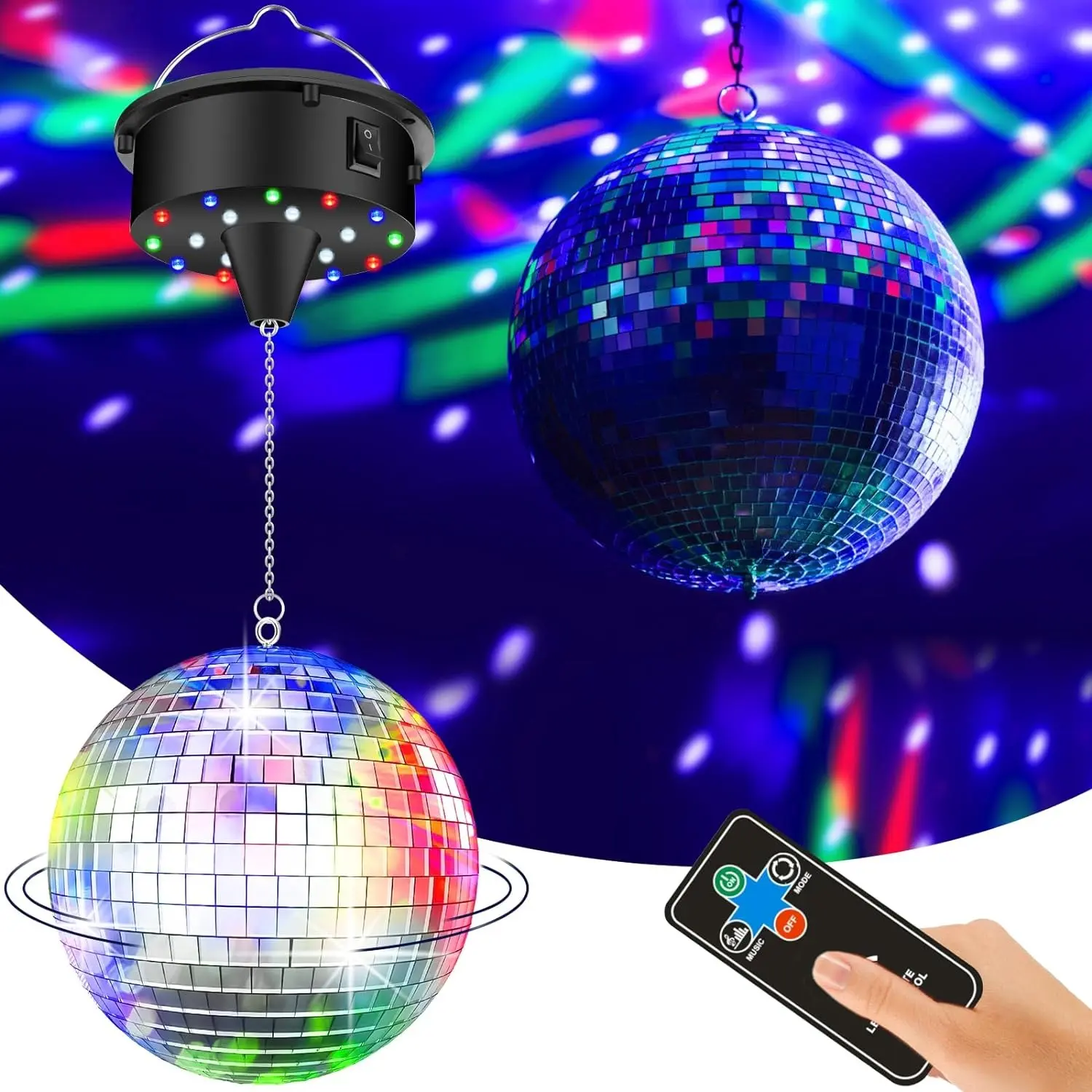 Motorized Color Changing Disco Ball Light - 10 RPM, 18 LED Beads, 4 Colors, Lightweight, Glass Tiles, Battery-Powered & Plug-In, Sound Sync, Ideal for Youth 70s Theme/Christmas Party Supplies (Batteries Not Included)