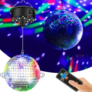 Disco Ball Light with Motor - 10 RPM - Plug/Battery Powered - 4 Color Lights - 18 LED Beads - Mirror Ball - Ideal for Christmas Party, 70s Theme Party Supplies