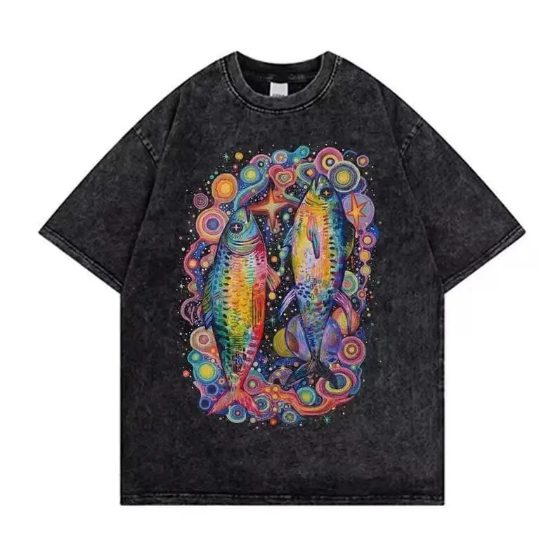Women's Vintage Washed Cotton Short-Sleeve Loose Oversize Tee - Cute Colorful Fish Graphic, Ocean-Inspired, Streetwear Garment, Sun-Ready, Natural Fabric for Layering Under Jackets summerwins,summerwins
