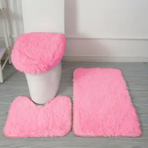 Pink Bathroom Rugs Sets 3Piece Bath Mat Solid Bath Rug Floor Mats Washable Shower Rug with U-Shaped Contour Rug Toilet Lid Cover