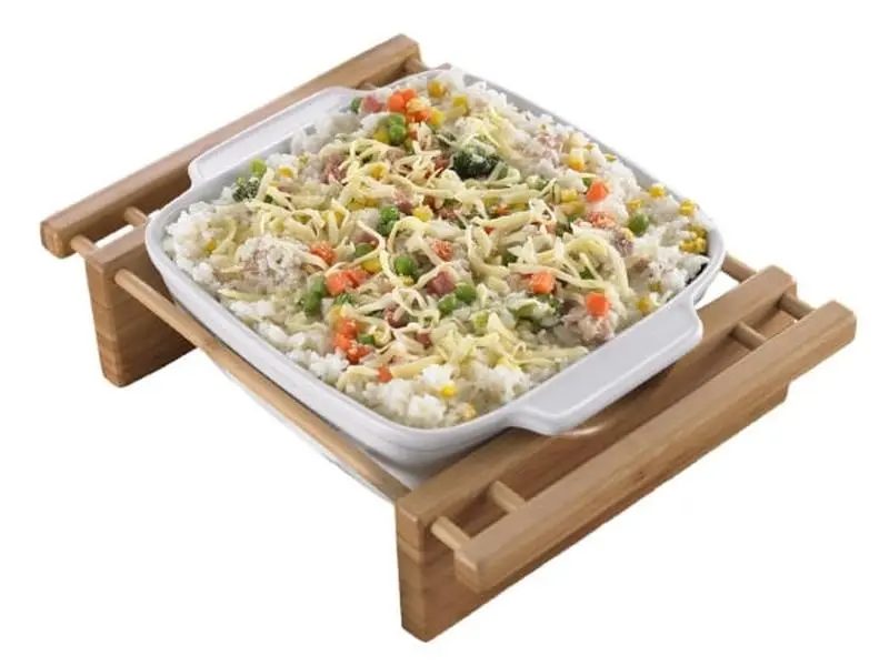 9 in. Square Bamboo & Stoneware Grand Buffet Bakeware Dish Set with Lightweight Bamboo Cradles, Oven-Safe, Stylish Kitchenware