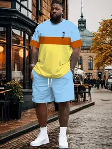 Men's Plus Size Summer Striped Print Patchwork Short Sleeve T-Shirt & Fashion Casual Gym Shorts Set, Loose Fit, All Seasons