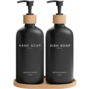 Black Glass Hand and Dish Soap Dispenser Set by Brighter Barns - Kitchen Soap Dispenser Set with Tray - Bamboo Soap Dispenser for Kitchen Sink - Modern Kitchen Decor, Boho Kitchen Decor (Black)