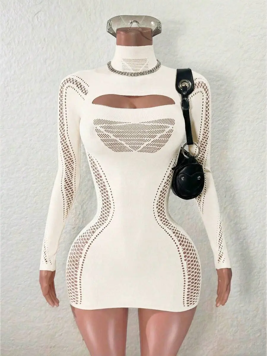 Lumina x Mistrie Women's Solid Color Stand Collar Long Sleeve Cutout Sexy Bodycon Dress