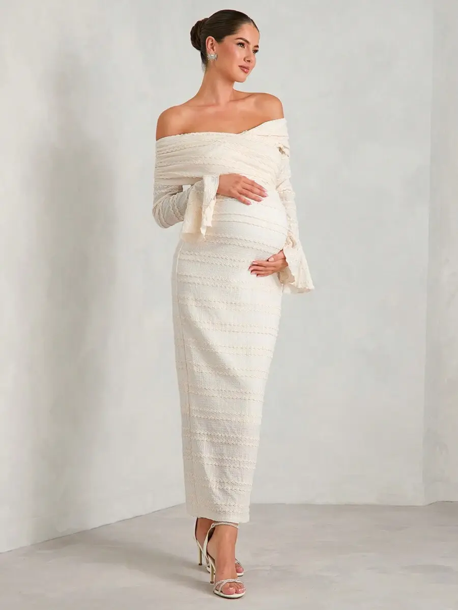 MaterniRIO Maternity Solid Off Shoulder Textured Long Sleeve Dress Women Spring Autumn Wedding Baby Shower Outfits