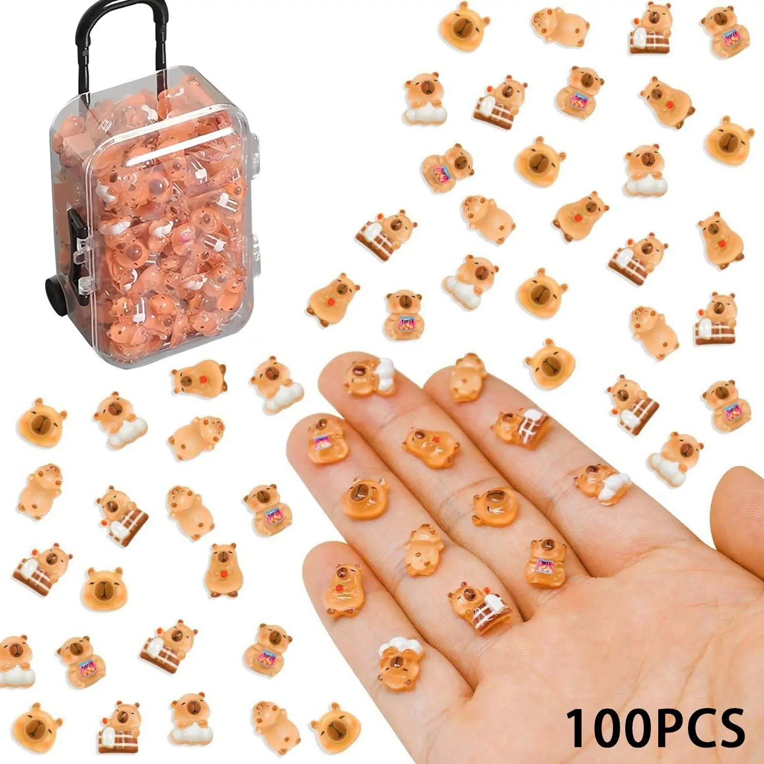 Random Capybara Miniatures with Storage Box, 100pcs Resin Animals Collectible Figurines Art Crafts Decorations, Nail Art Accessories, Decorative Figures, Cute Cartoon Figurine Garden Micro Landscaping Decoration, Home Decor