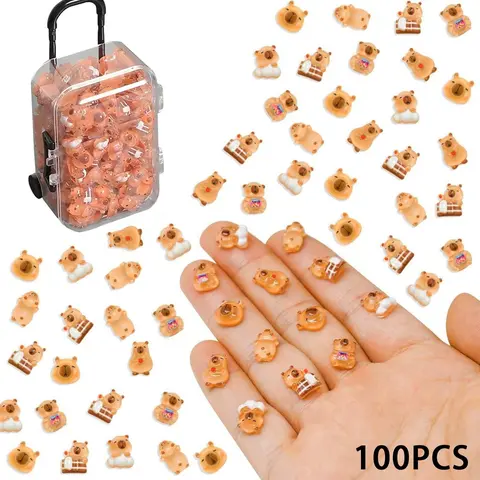 Random Capybara Miniatures with Storage Box, 100pcs Resin Animals Collectible Figurines Art Crafts Decorations, Nail Art Accessories, Decorative Figures, Cute Cartoon Figurine Garden Micro Landscaping Decoration, Home Decor