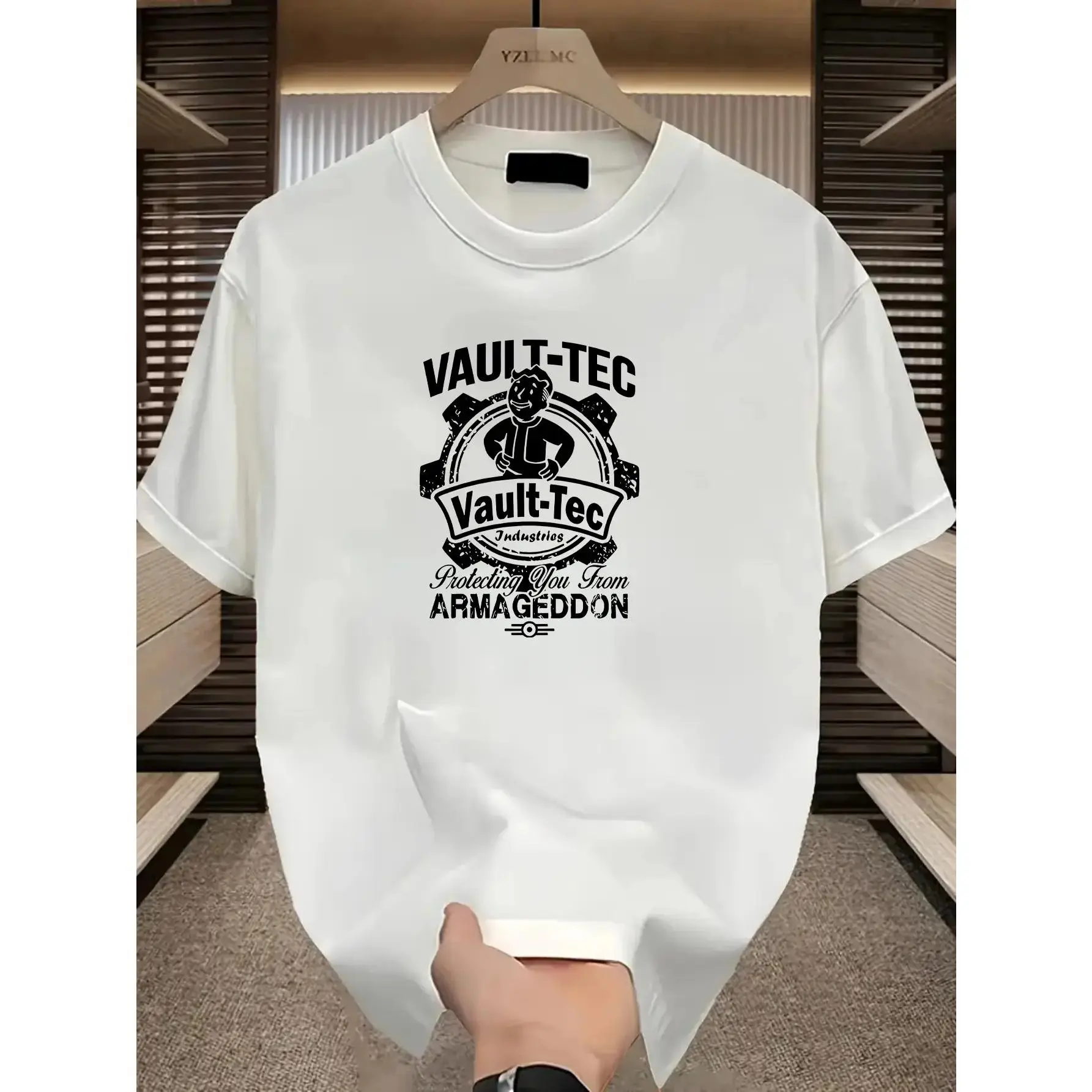180gRound Neck T-Shirt with "Gamer’s Fallout Vault Tec & Vault Boy" Print – Retro Vintage Style, Breathable Casual Wear for Fallout Fans