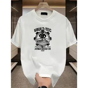 180gRound Neck T-Shirt with "Gamer’s Fallout Vault Tec & Vault Boy" Print – Retro Vintage Style, Breathable Casual Wear for Fallout Fans