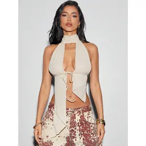 Women's Solid Mesh Halter Top - High Neck, Open Back Cutout, Backless - Spring Vacation Outfits