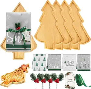 4 Sets 15.7″ Christmas Tree Cheese Board Gifts with Towel Tag Christmas Charcuterie Board Sushi Fruit Tray Xmas Serving Tray Set for Holiday Party Birthday Gifts