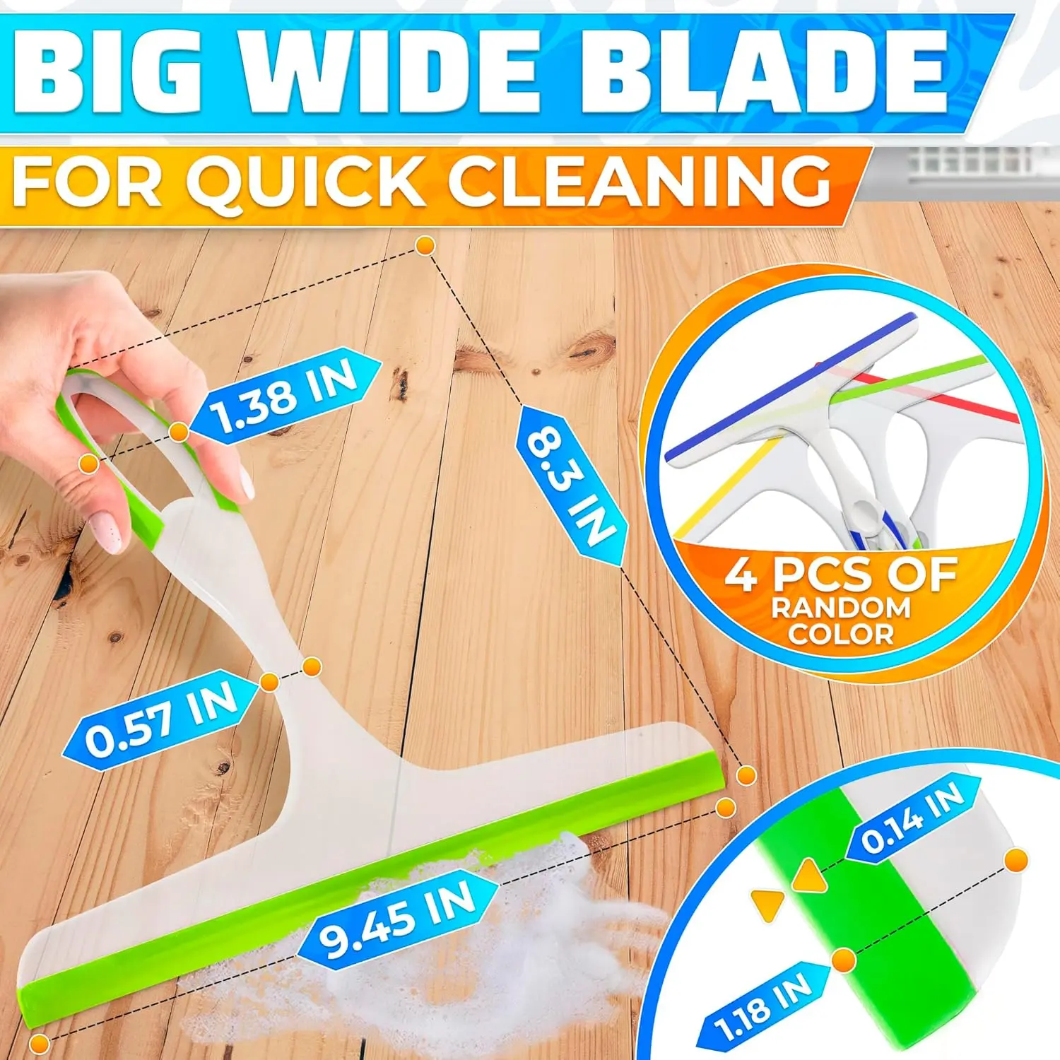 4-Pack 9.5in Silicone Flexible Blade Hand Squeegee for Shower Glass - Durable Plastic Grip, Random Colors, Easy Hanging Hook, Lightweight Ergonomic Cleaning Tool for Homeowners, Multifunctional Glass Doors, Windows